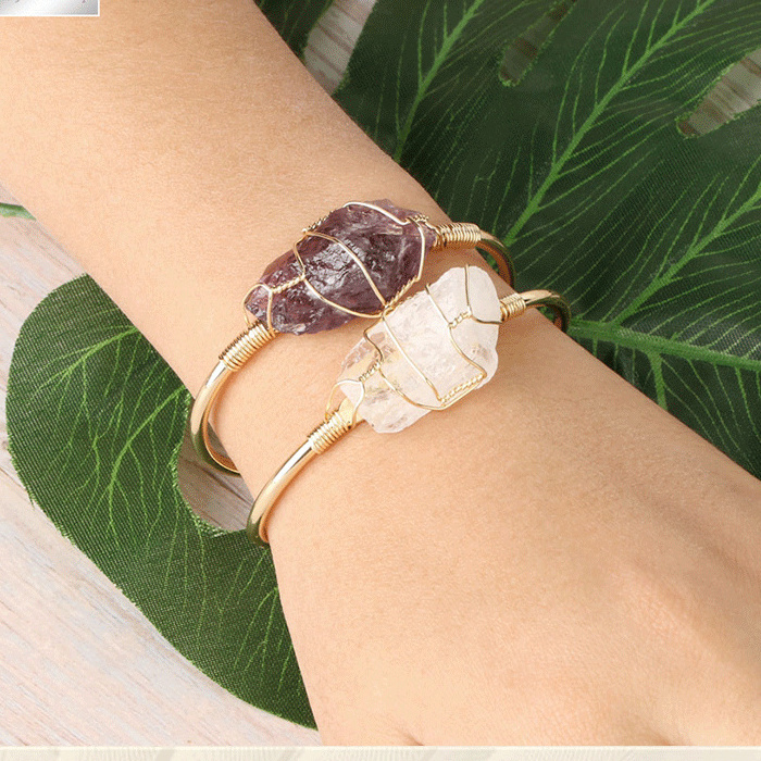 GT Crystal Cuff Bangle Open Wire Wrap Natural Citrine Amethyst Stones Bracelets for Women Girls Jewelry