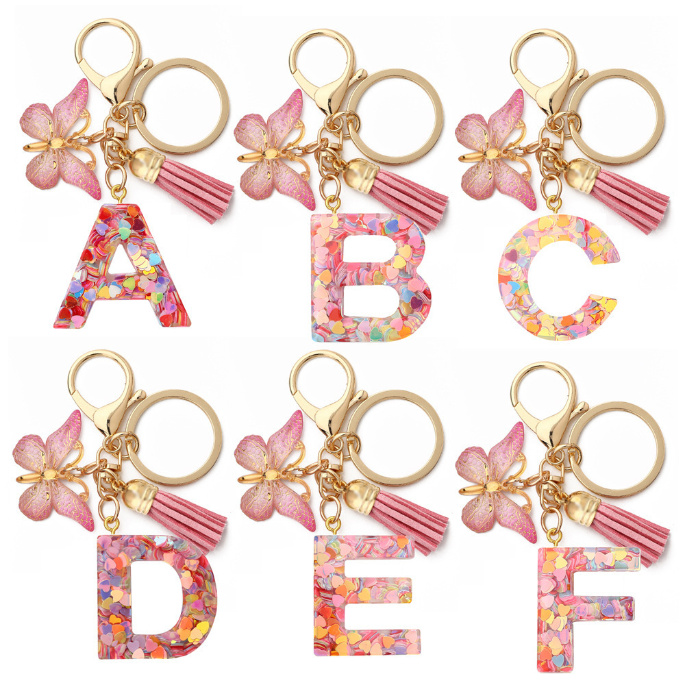 Women A-Z Letter Drop Heart Sequin Resin Keyring 26 Alphabet Initial Letter Pendant Plush Pompom Letter Keychain