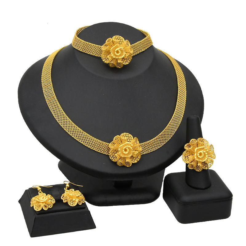 Ethiopian African Wedding Bridal Set Flower Necklace Earring Ring Bracelet Dubai 24K Gold Plated Jewelry Sets