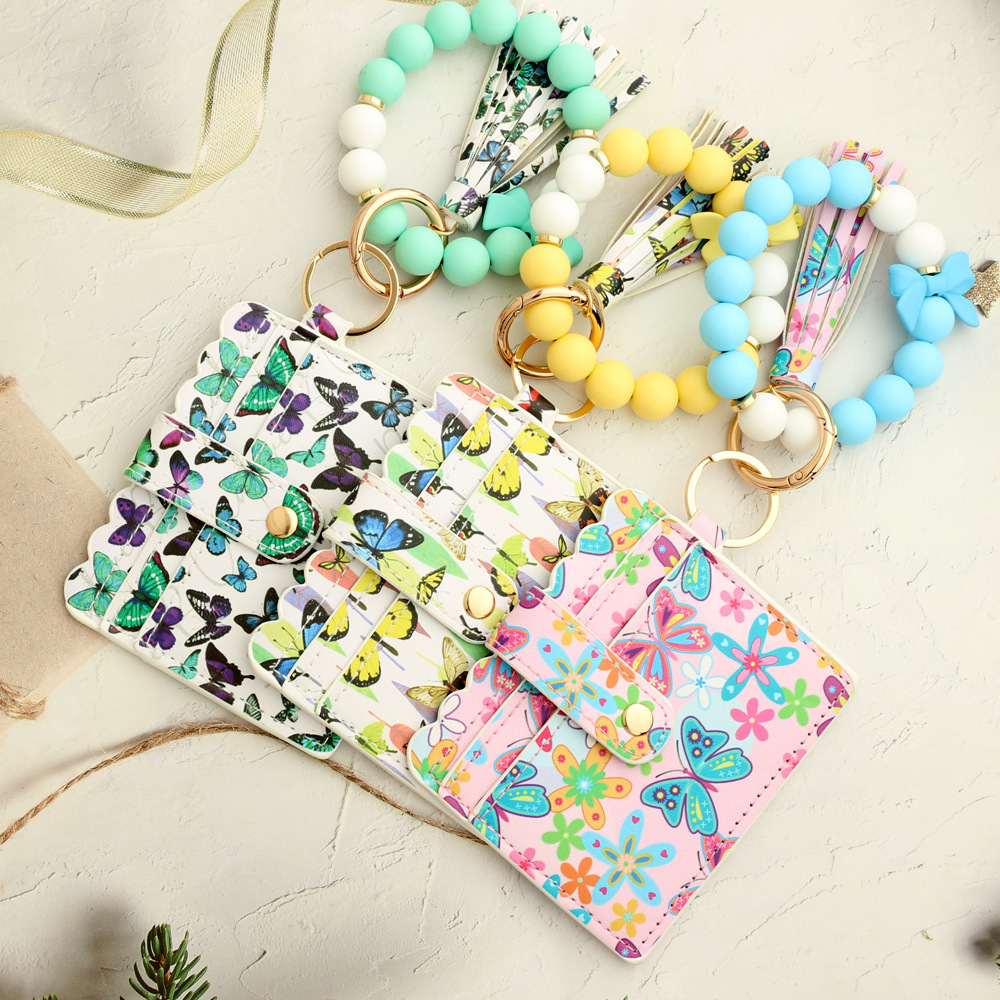 IN STOCK Fashion Butterfly Purse Keychain Women PU Leather Silicone Beads Bracelet Card Holder Wallet Tassel Keychain