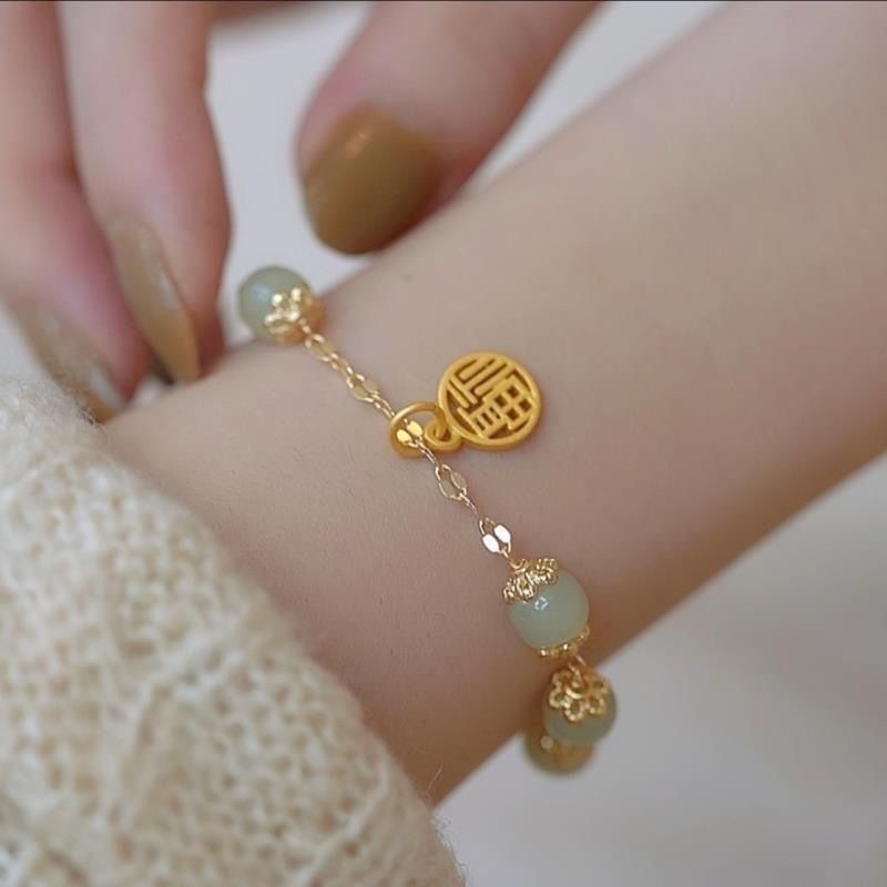 Gold luck blessing bracelet female natural hetian jade green stone retro Fu bracelet women