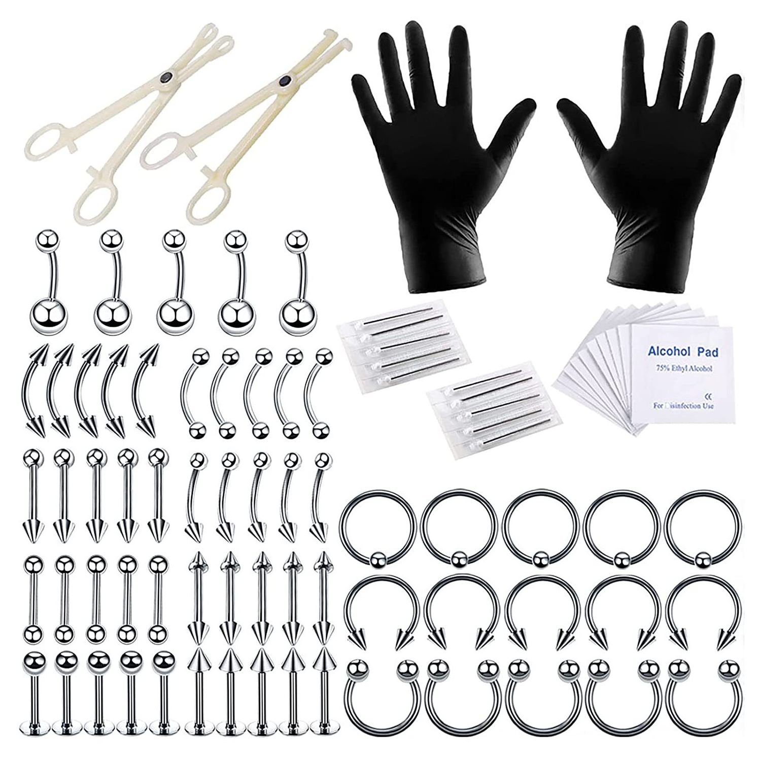 Professional Tattoo Piercing Tool Kit 140pcs/set Stainless Steel Nose Lip Tongue Cartilage Ring Body Jewelry Nose Ring Set