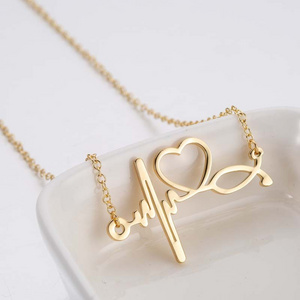 Lovers Gift Jewelry Love Heartbeat Doctor Necklace Stainless Steel Gold Plated Clavicle Chain Heart Pendant Necklace For Women