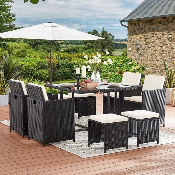 9 Pieces Patio Dining Table Set Outdoor Space Saving Patio Wicker Furniture Set with Dining Table Rattan Cushioned chair