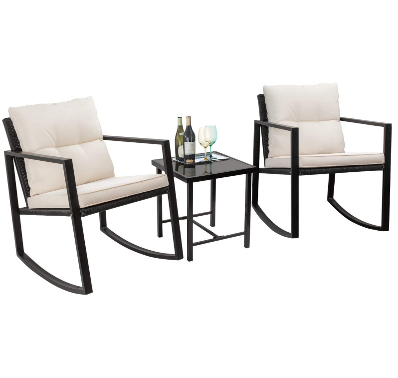 Outdoor 3 Pieces Wicker Patio Furniture Modern Rocking Bistro Rattan Chair Set with Coffee Table