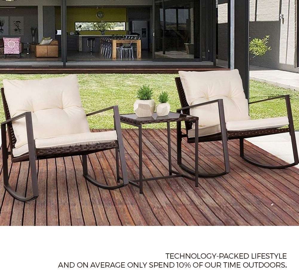 Outdoor 3 Pieces Wicker Patio Furniture Modern Rocking Bistro Rattan Chair Set with Coffee Table