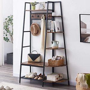 Hall Tree with Storage Shoe Bench Rack Industrial Hall Tree with 5 Tier Storage Shelf  Freestanding Entryway Coat Clothes Rack