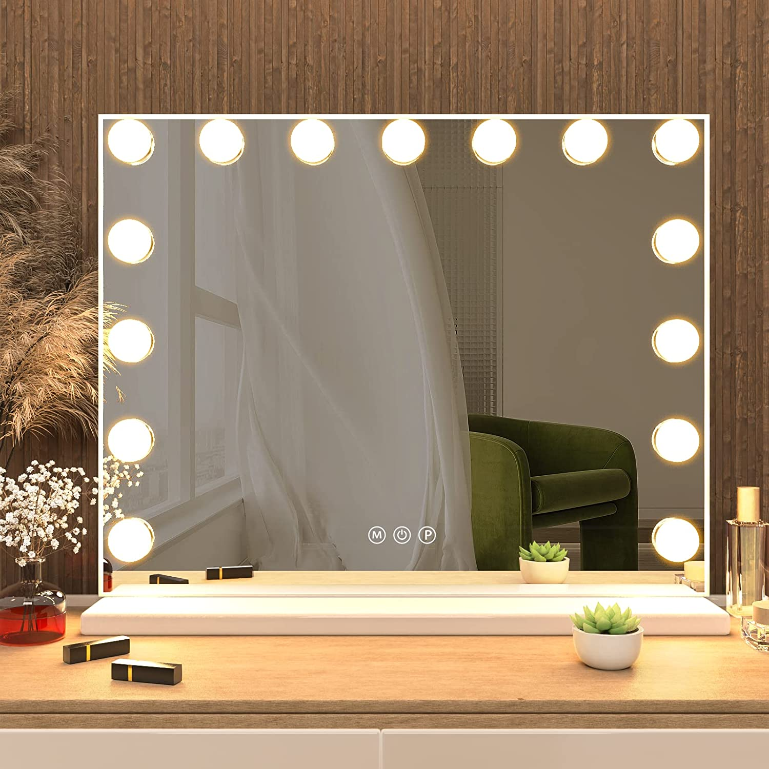 Large Vanity Lighted Mirror with 15 LED Bulbs. Aluminum Alloy frame, bracket, base, glass, back plate, self-tapping screw, termi