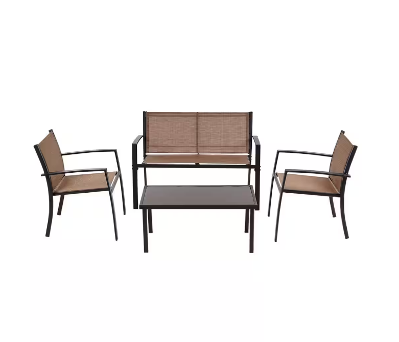 French Outdoor Brown 4-Piece Steel Metal Patio Conversation Set Bistro Set with Tempered Glass Top Coffee Table And Chair Set