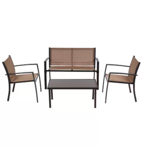 French Outdoor Brown 4-Piece Steel Metal Patio Conversation Set Bistro Set with Tempered Glass Top Coffee Table And Chair Set