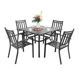 Outdoor 5 Piece Patio Dining Set Black Metal Garden Furniture Set with 4 Stackable Iron Dining Chairs Table With Umbrella Hole