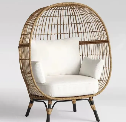 Wicker Egg Chair, Oversized Indoor Outdoor Lounger for Patio, Backyard, Living Room w/ 4 Cushions, Steel Frame