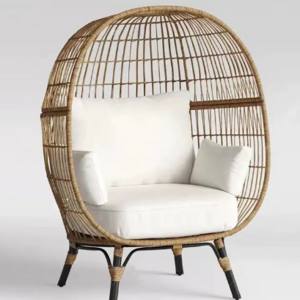 Wicker Egg Chair, Oversized Indoor Outdoor Lounger for Patio, Backyard, Living Room w/ 4 Cushions, Steel Frame