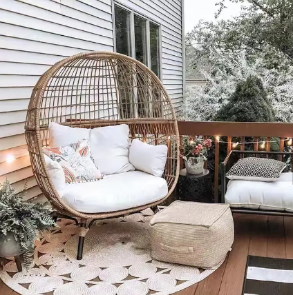 Wicker Egg Chair, Oversized Indoor Outdoor Lounger for Patio, Backyard, Living Room w/ 4 Cushions, Steel Frame