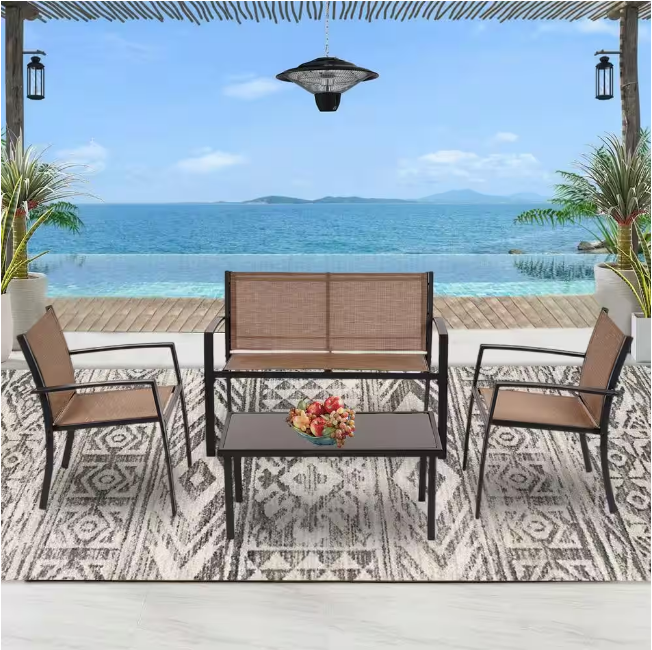 French Outdoor Brown 4-Piece Steel Metal Patio Conversation Set Bistro Set with Tempered Glass Top Coffee Table And Chair Set