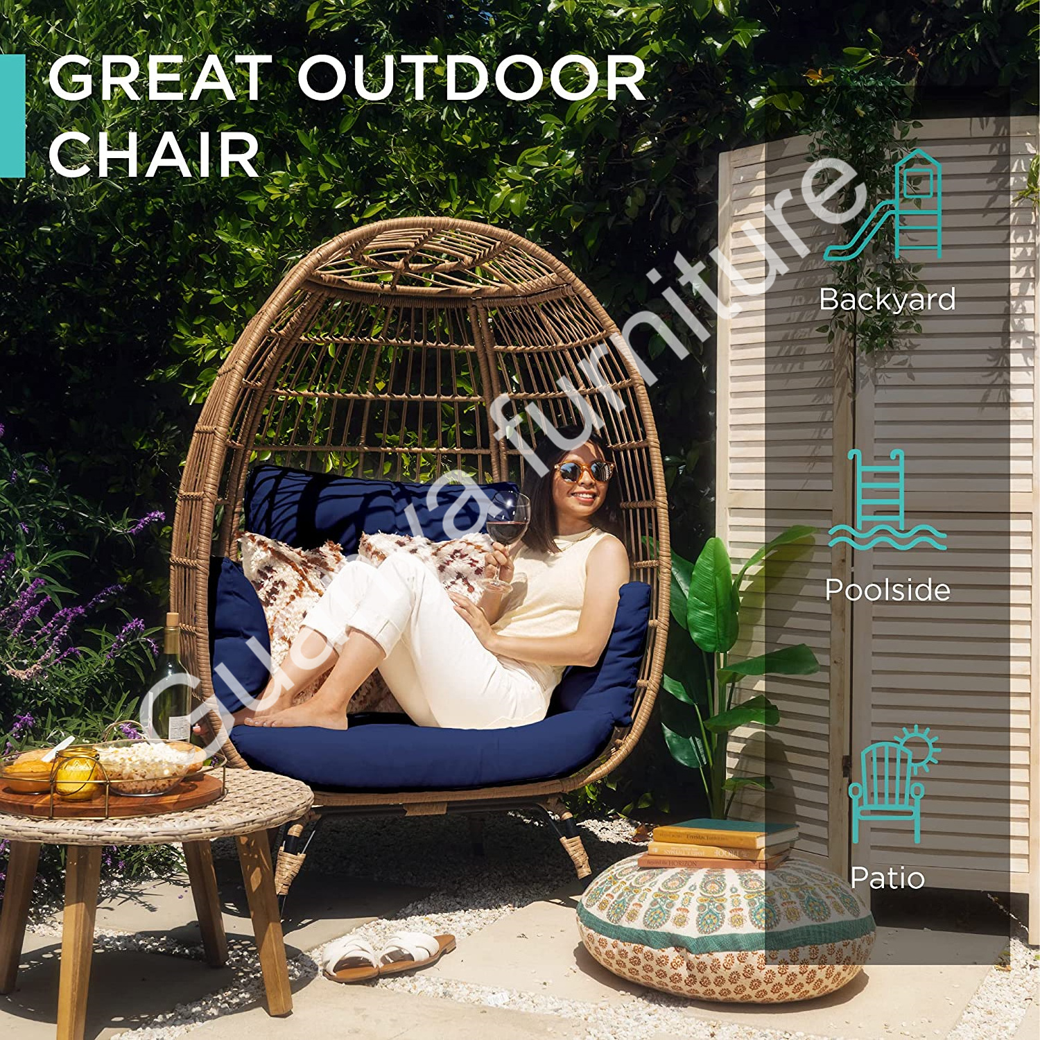 Wicker Egg Chair, Oversized Indoor Outdoor Lounger for Patio, Backyard, Living Room w/ 4 Cushions, Steel Frame