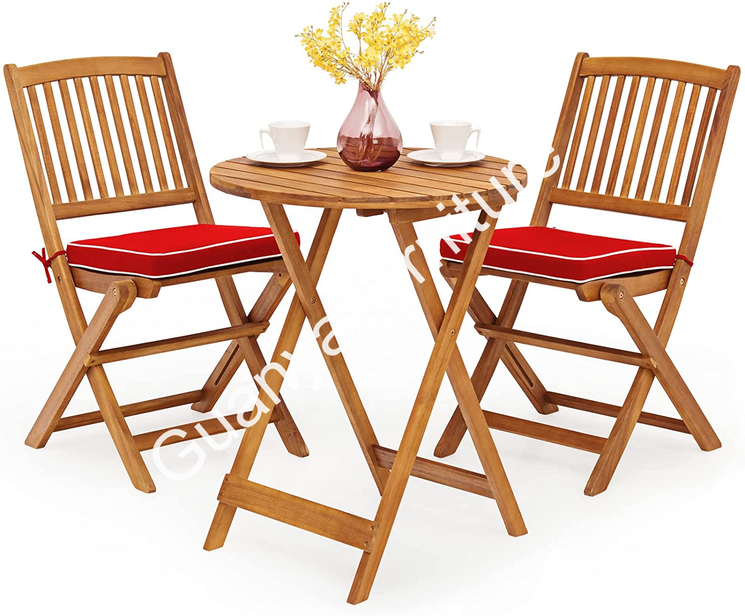 3 PCS Patio Folding Bistro Set, Outdoor Acacia Wood Chair and Table Set with Round Coffee Table, Ideal for Indoor Patio Poolside