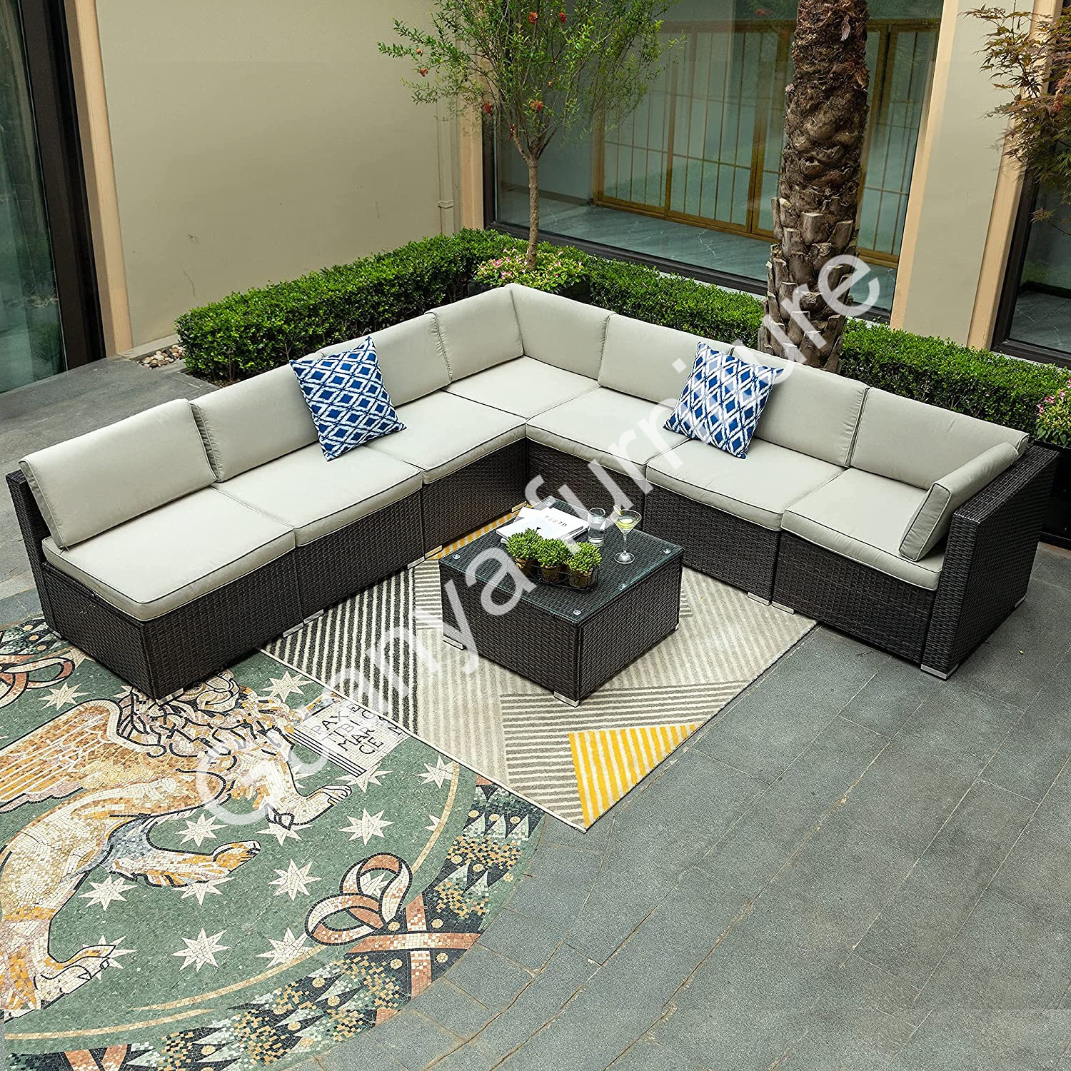 Guanya 8 Pieces Patio Furniture Set, Outdoor Sectional Sofa PE Rattan Wicker Conversation Set Outside Couch