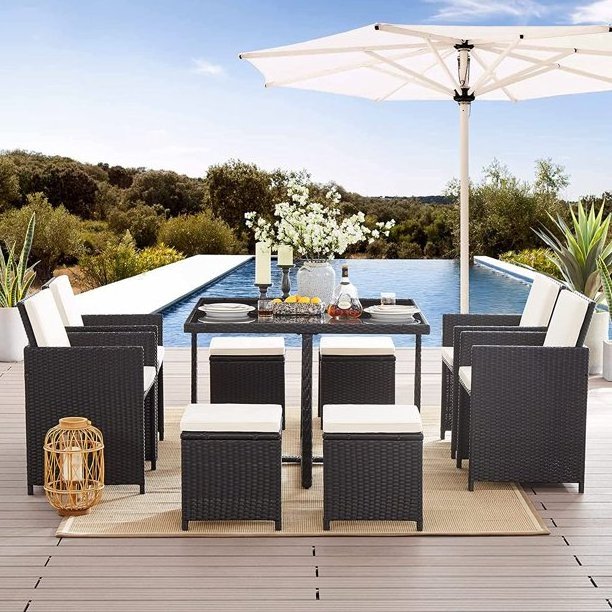 9 Pieces Patio Dining Table Set Outdoor Space Saving Patio Wicker Furniture Set with Dining Table Rattan Cushioned chair