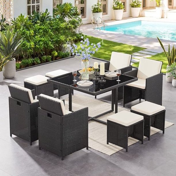 9 Pieces Patio Dining Table Set Outdoor Space Saving Patio Wicker Furniture Set with Dining Table Rattan Cushioned chair