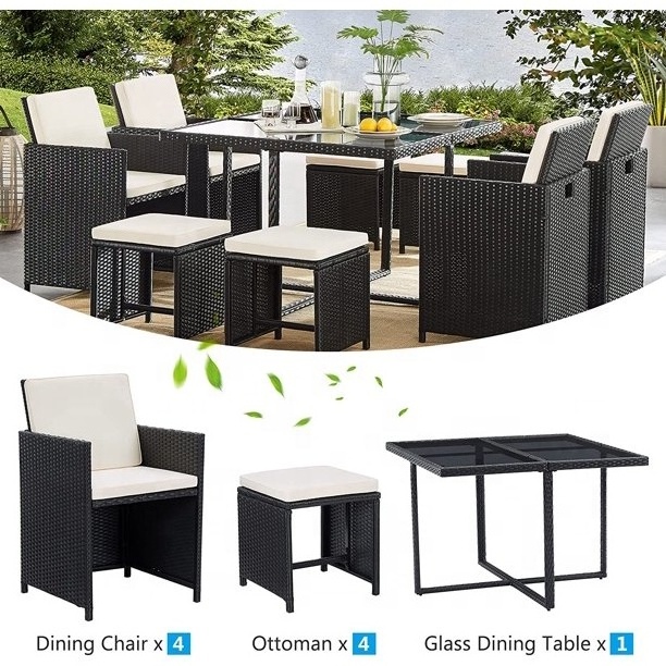 9 Pieces Patio Dining Table Set Outdoor Space Saving Patio Wicker Furniture Set with Dining Table Rattan Cushioned chair