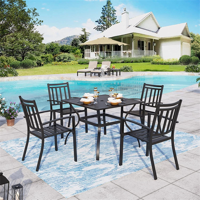 Outdoor 5 Piece Patio Dining Set Black Metal Garden Furniture Set with 4 Stackable Iron Dining Chairs Table With Umbrella Hole