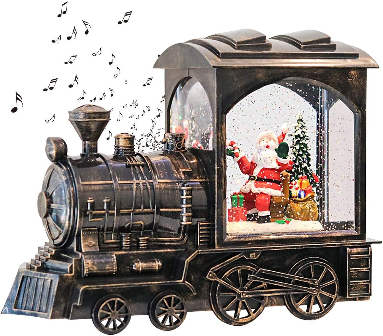 Glittering Battery Music Lighted Lantern Train Santa Snow Globe for Christmas