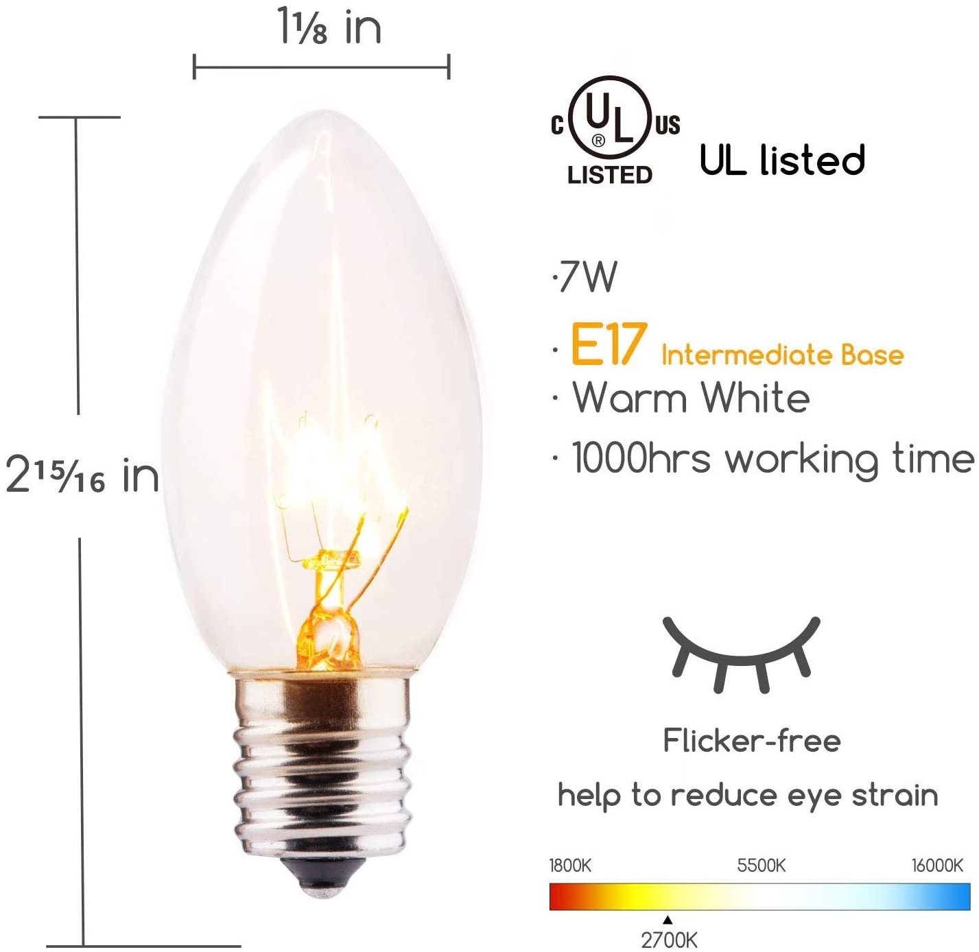 E17 C9 Incandescent tungsten Bulb, 5W 7W C9 Edison Replacement Light Bulb for Christmas String Light