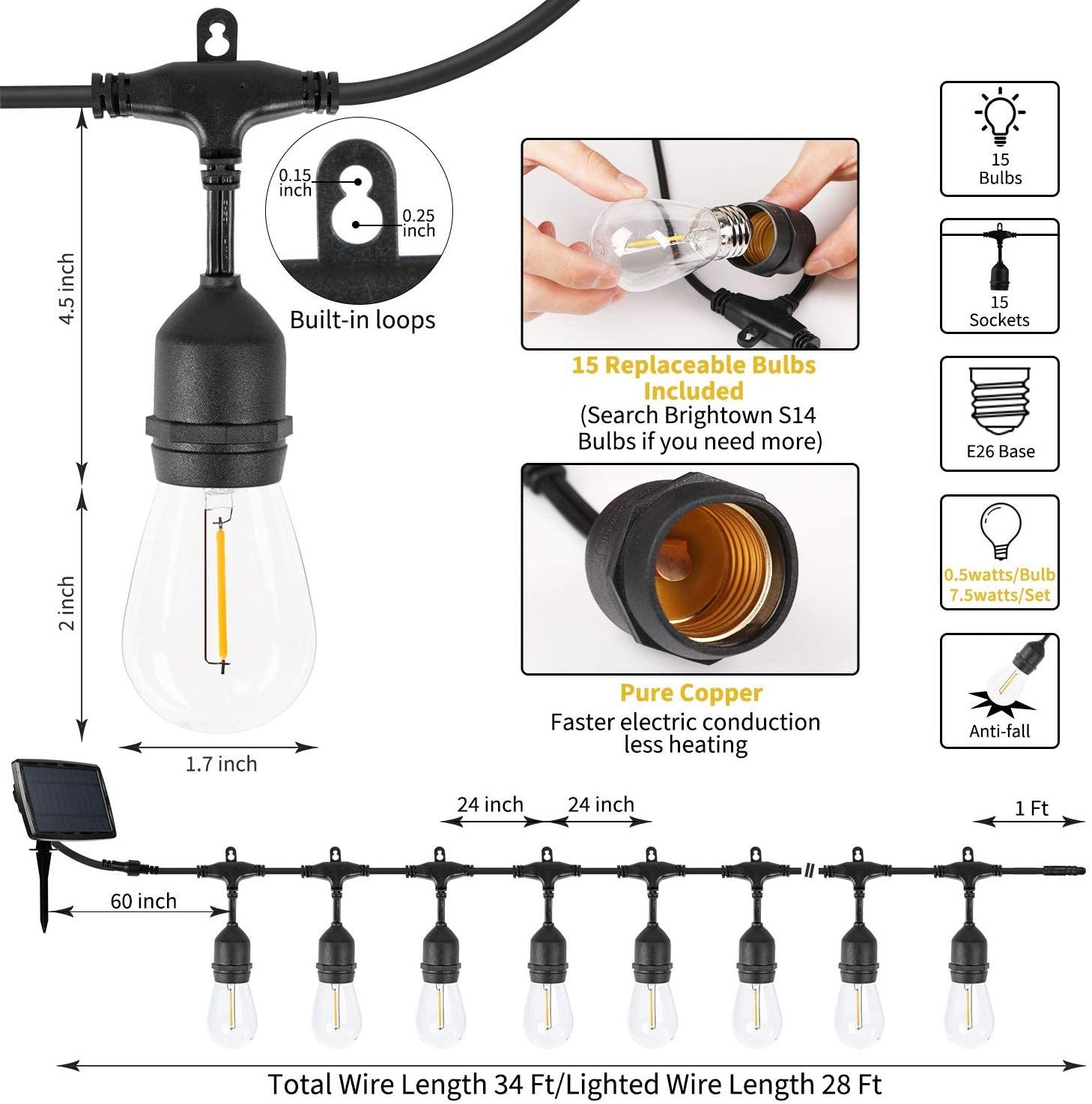 Outdoor 34 Ft Vintage S14  Solar Patio Lights with 15 Shatterproof Dimmable LED Bulbs