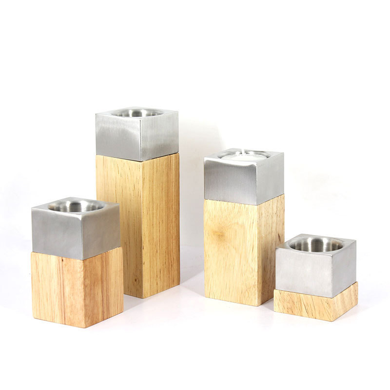 China Good table decorating tea light candle holder wooden candlestick holder pillar  set of 4 square wood candle holders