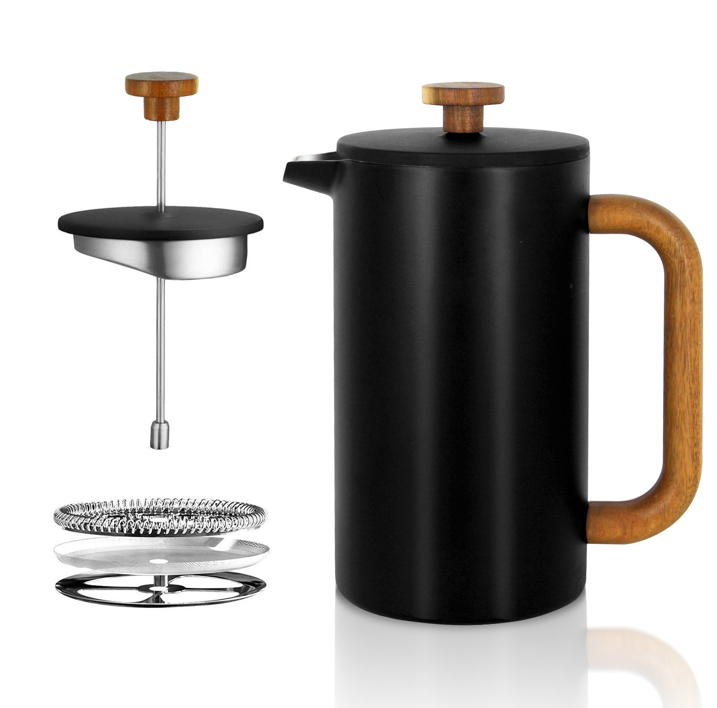 Double Walled Stainless Steel Press Pot Tea and Coffee Maker Coffee French Press with wood handle