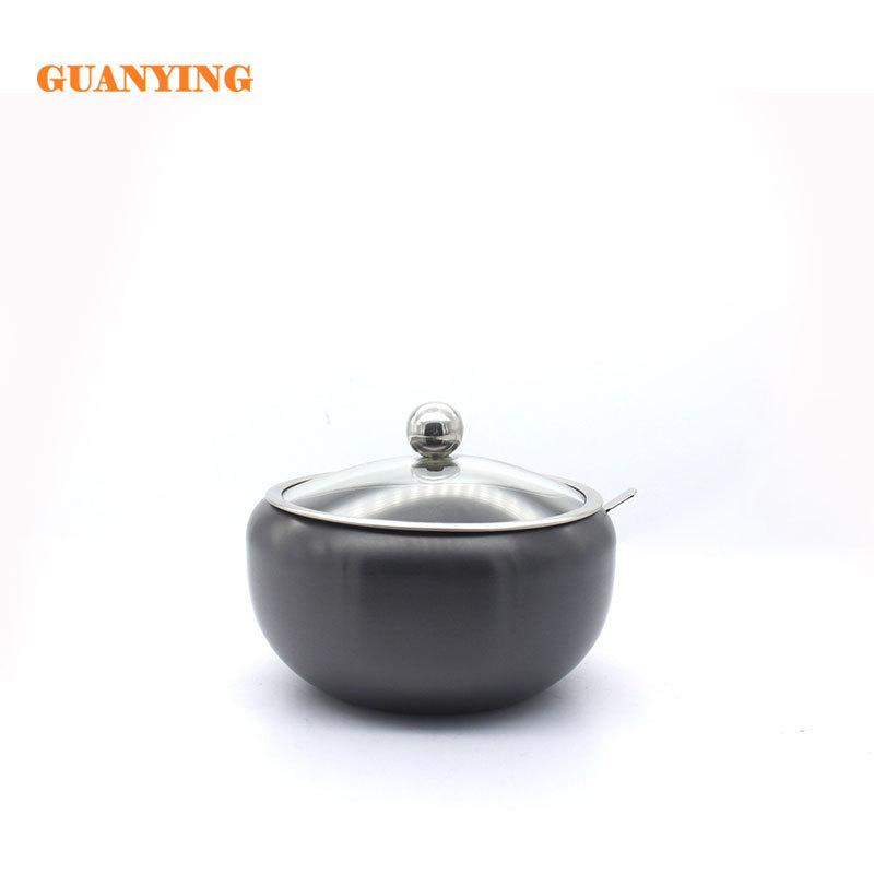 Black sugar pot with glass lid spoon bowl small sugar container stainless steel sugar bowl with spoon