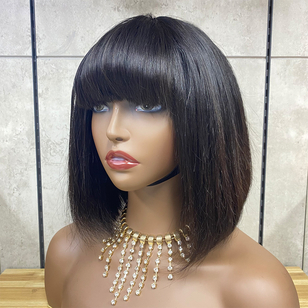 Brazilian Straight Human Hair Wigs With Bangs Remy Full Machine Made Human Hair Wigs For Women Custom 10-50Inch Fringe Wig