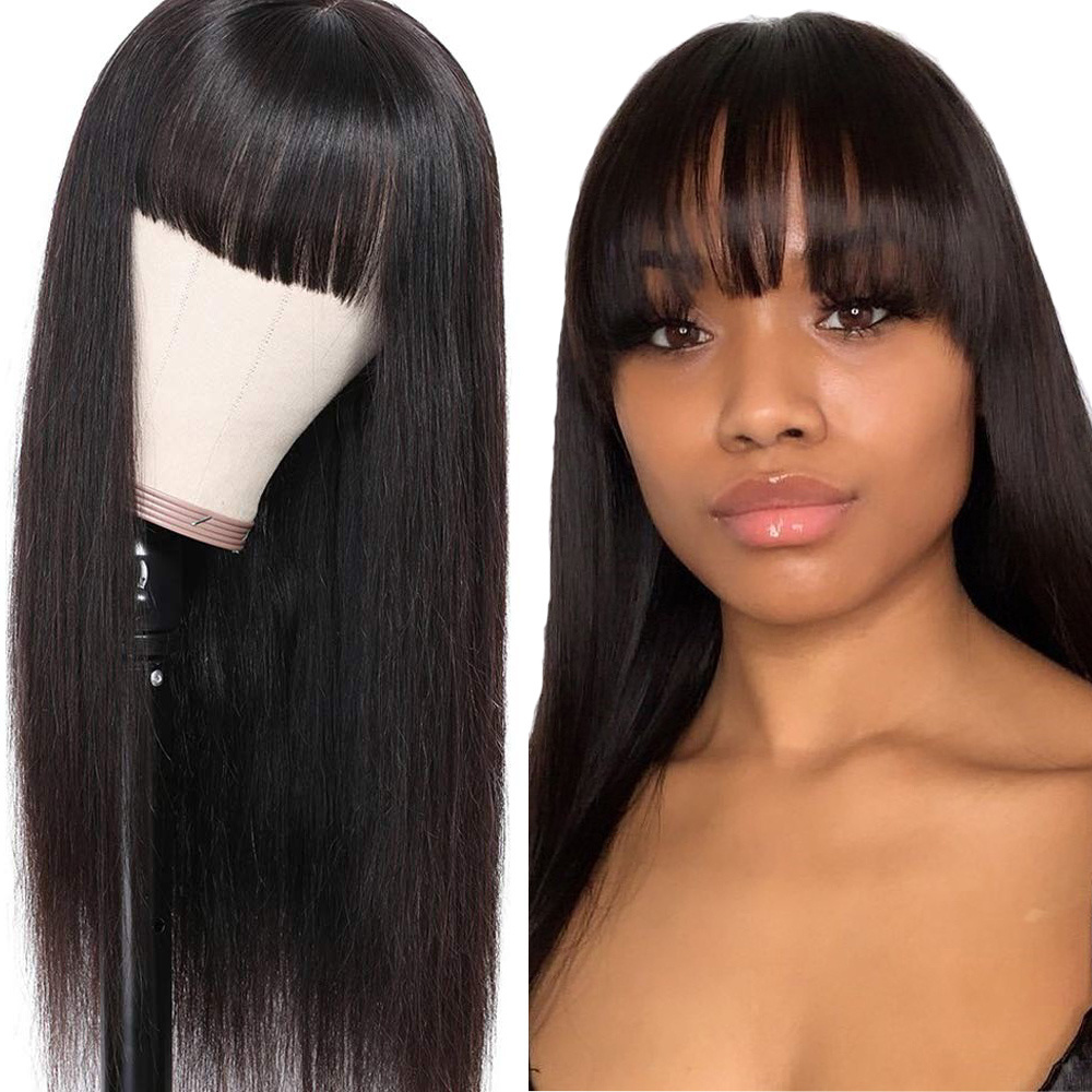 Brazilian Straight Human Hair Wigs With Bangs Remy Full Machine Made Human Hair Wigs For Women Custom 10-50Inch Fringe Wig