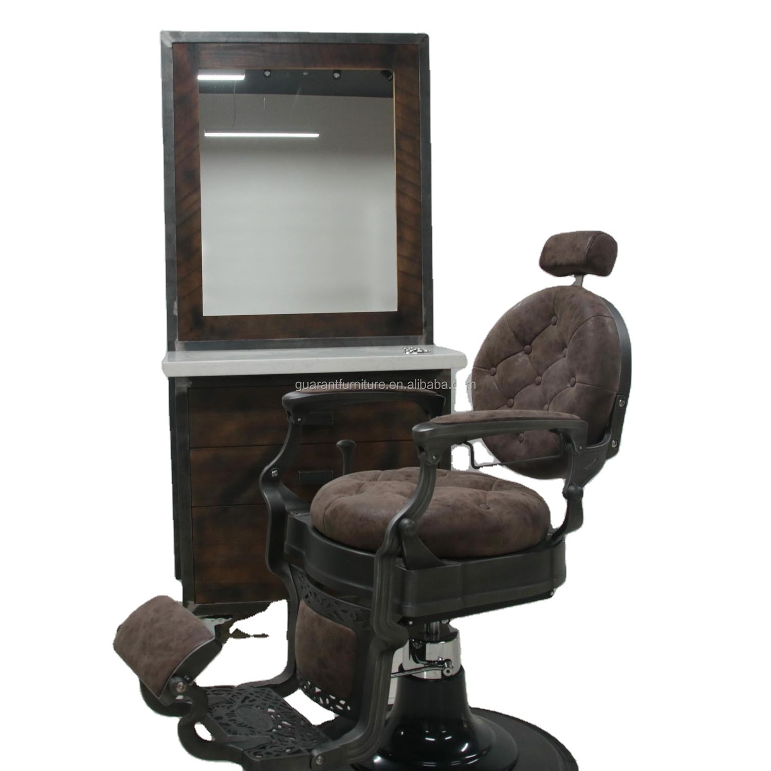 Most popular vintage barber station and chairs wood barber station with mirrors