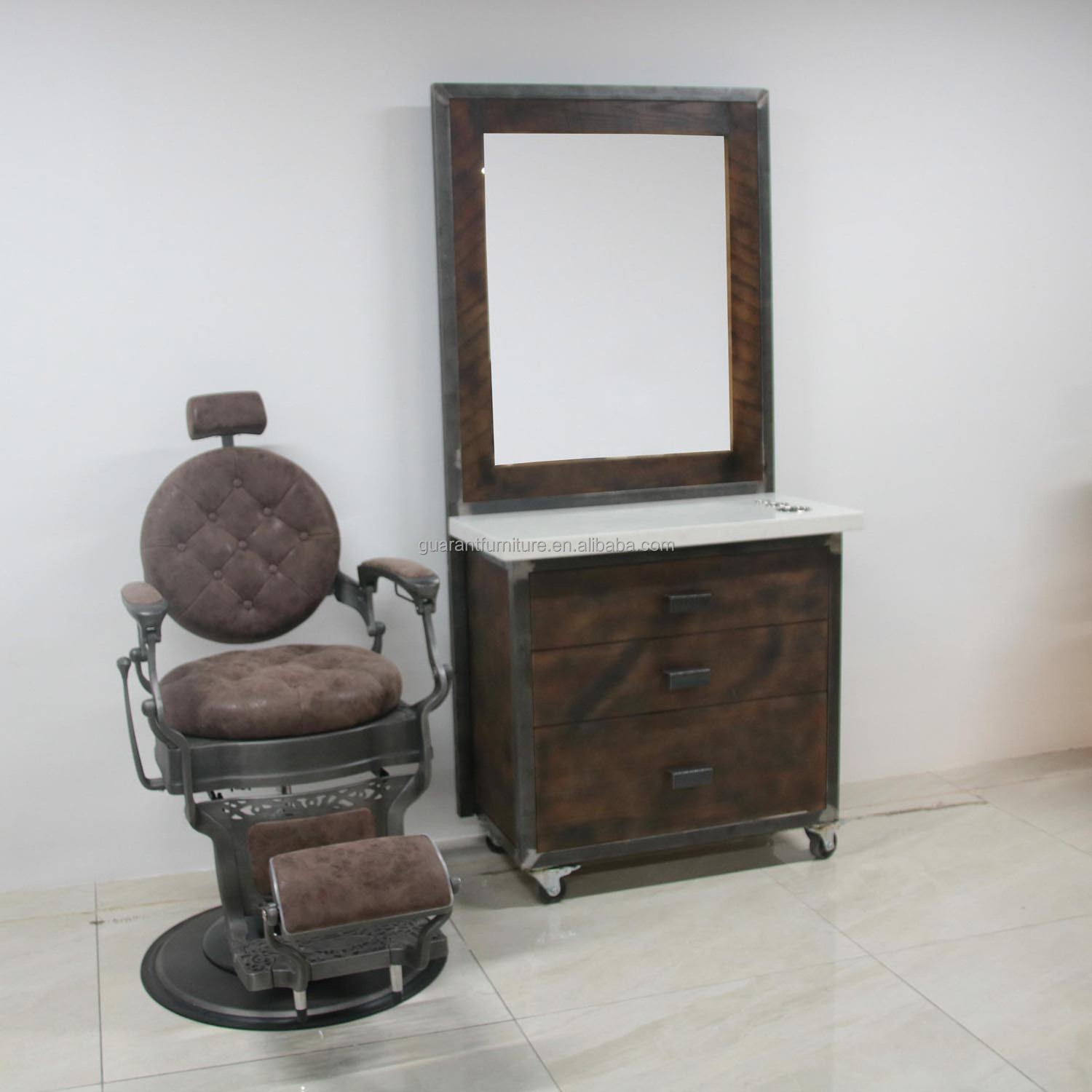 Most popular vintage barber station and chairs wood barber station with mirrors