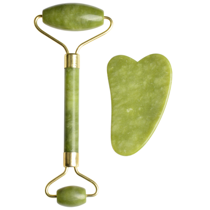 Natural green XiuYan jade roller set heart shape guasha facial massager green facial jade roller and gua sha set