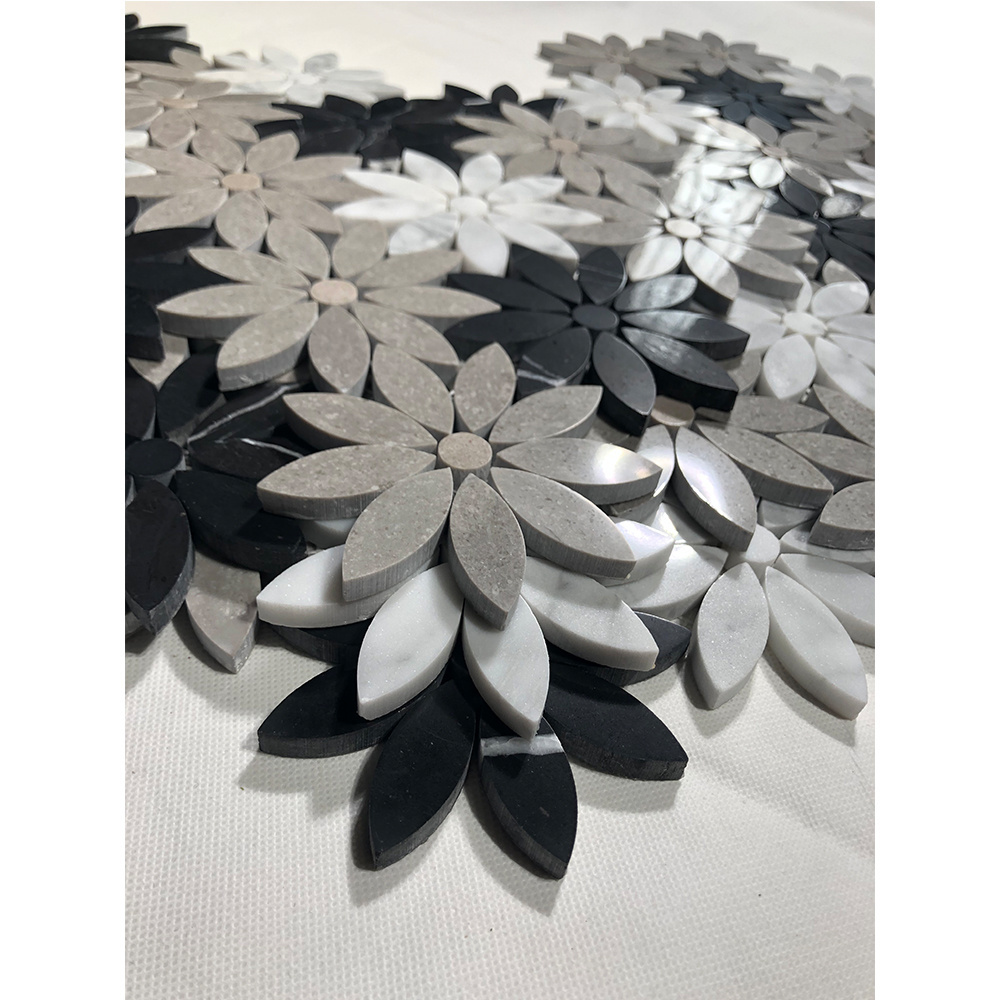 Carrara Waterjet Flooring Flower Marble Mosaic Black Mixed White Wall Floor Border Countertop Backsplash Mixed Color 100x100mm