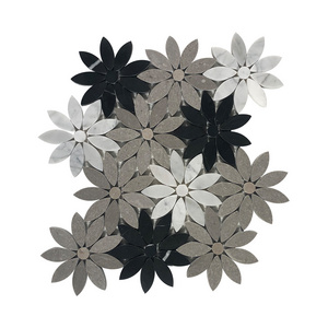 Carrara Waterjet Flooring Flower Marble Mosaic Black Mixed White Wall Floor Border Countertop Backsplash Mixed Color 100x100mm