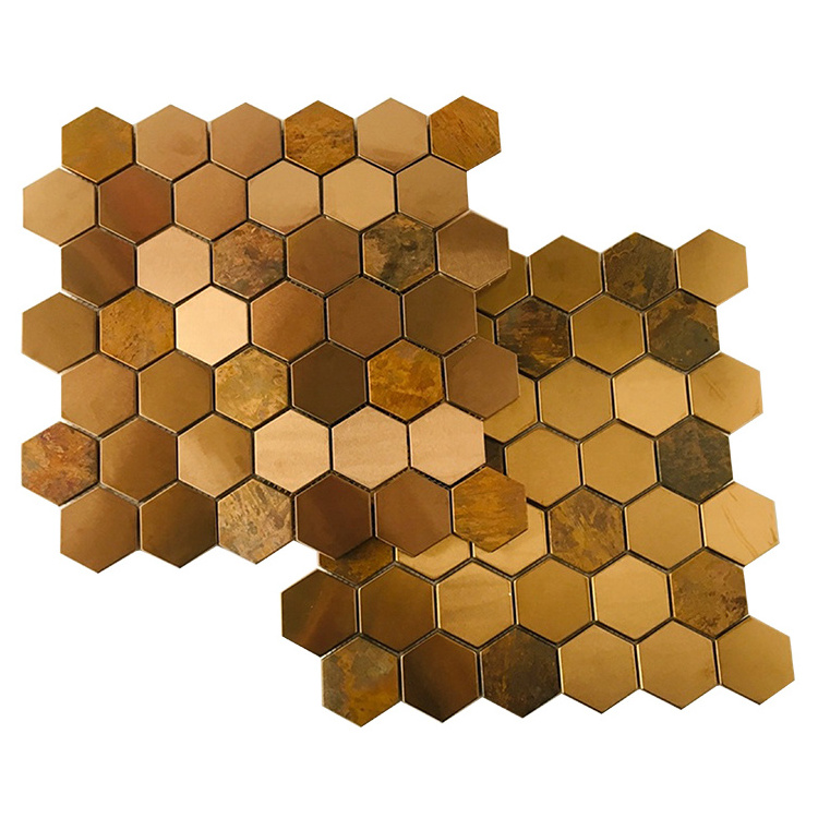 GUCI Copper Color Stainless Steel Metal Tiles Mosaic Wall Border Countertop Backsplash 300x300mm Hexagonal 6mm