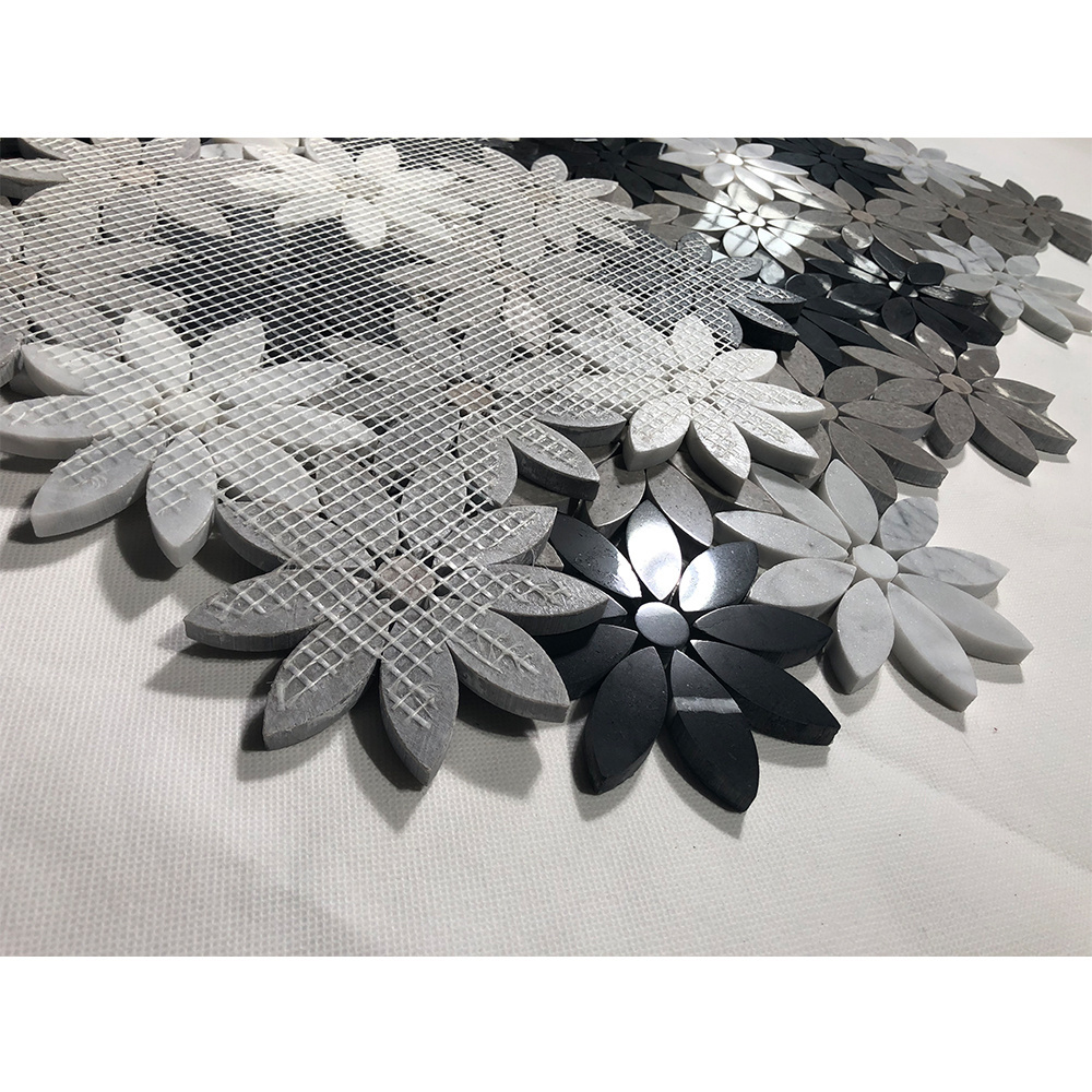 Carrara Waterjet Flooring Flower Marble Mosaic Black Mixed White Wall Floor Border Countertop Backsplash Mixed Color 100x100mm