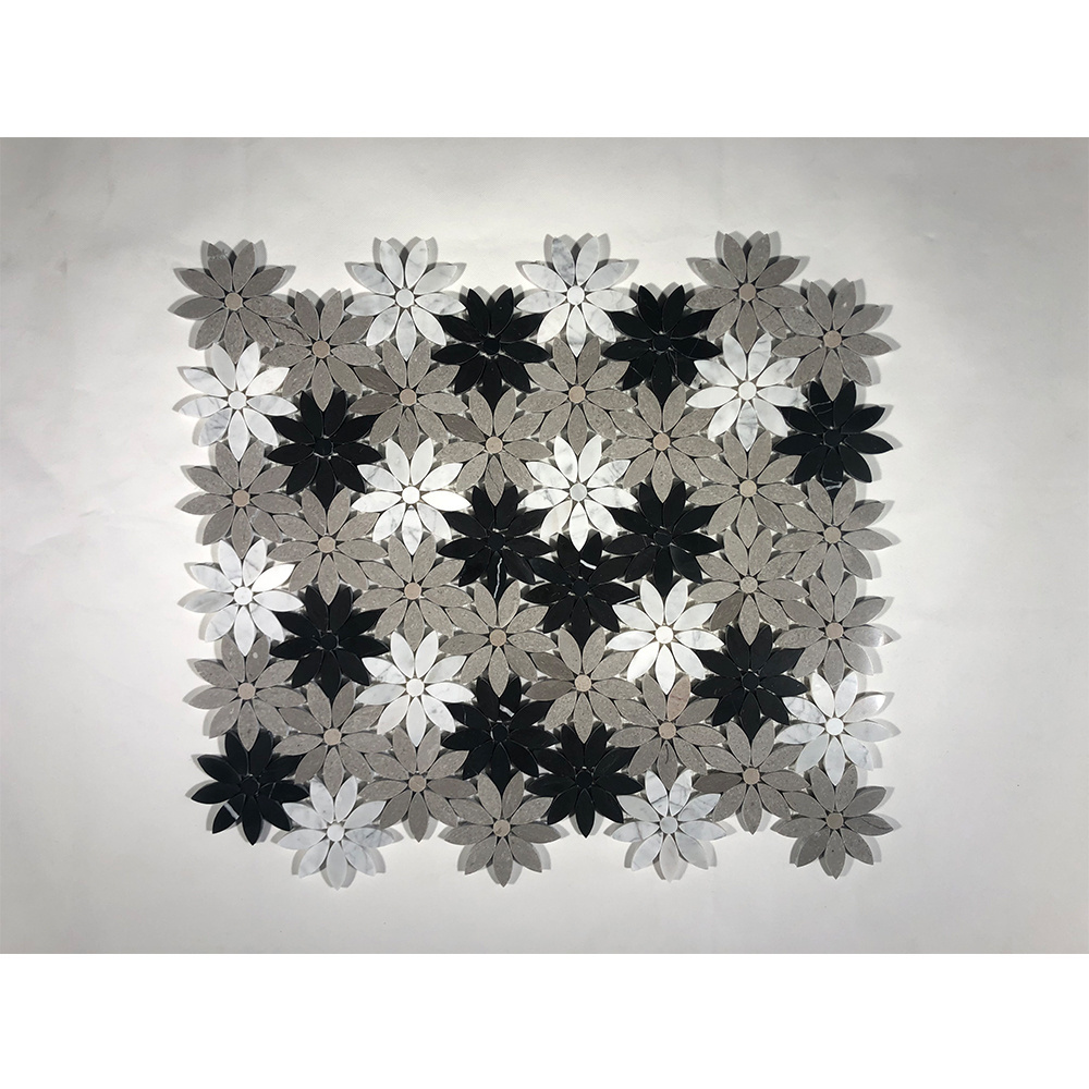 Carrara Waterjet Flooring Flower Marble Mosaic Black Mixed White Wall Floor Border Countertop Backsplash Mixed Color 100x100mm