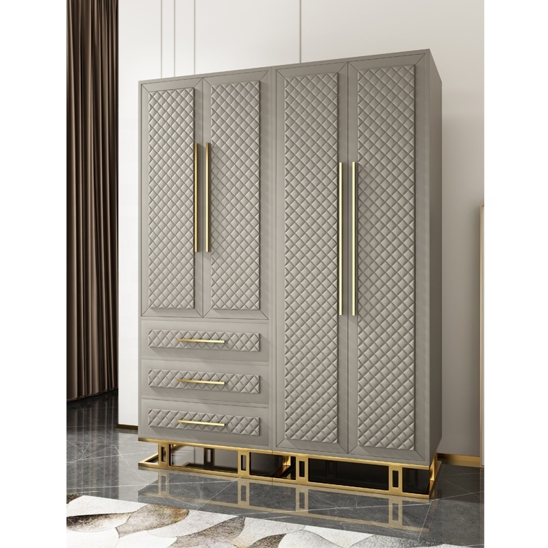 New Design Modern Luxury Style Leather Wooden Stainless Steel Frame Wardrobe For Home Bedroom