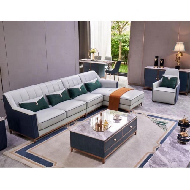 2022 Wholesale luxury blue genuine leather lounge sofa comfortable couch for home hotel