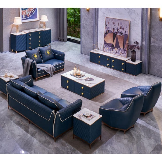 2022 Wholesale luxury blue genuine leather lounge sofa comfortable couch for home hotel