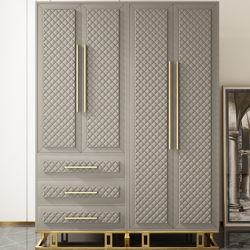 New Design Modern Luxury Style Leather Wooden Stainless Steel Frame Wardrobe For Home Bedroom