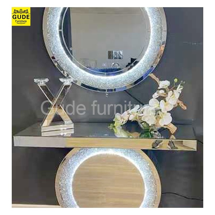 Living Room Furniture Mirrored Console Table Crushed Diamond With Wall Mirror