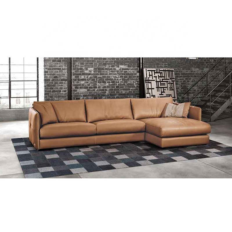 Foshan factory direct supply Italian style deep orange three seaters leather irregular L shape sofa living room sofa