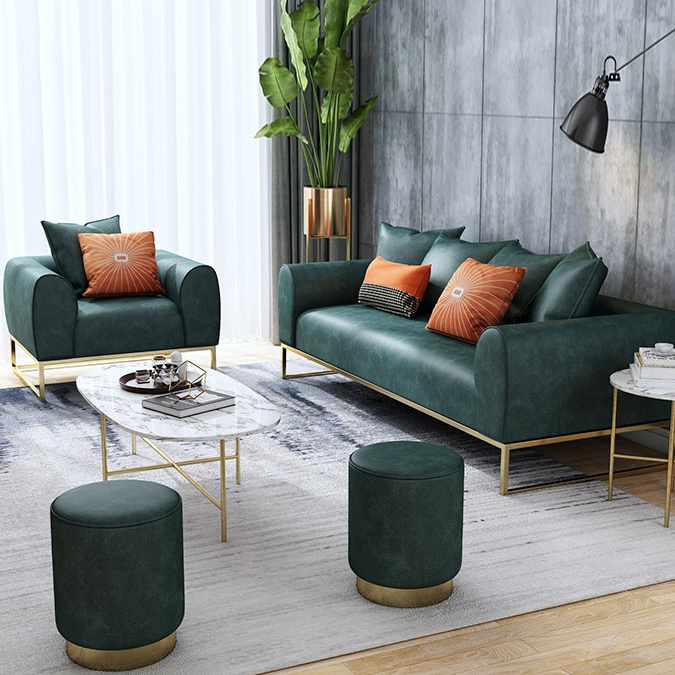 Faux Leather Three-Seat Sofa Nordic Small Living Room Furniture Simple Modern Double Dark Green Sofa