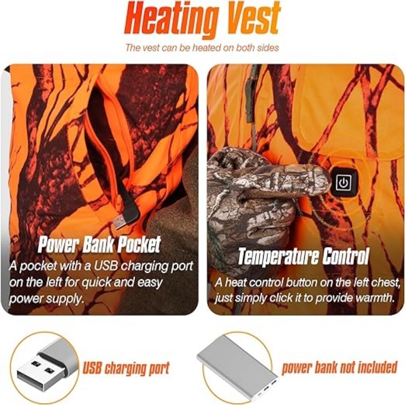 Lightweight Heating Game Safety Vest for Hiking Camo and Orange Reversible Hunting Heated Vest